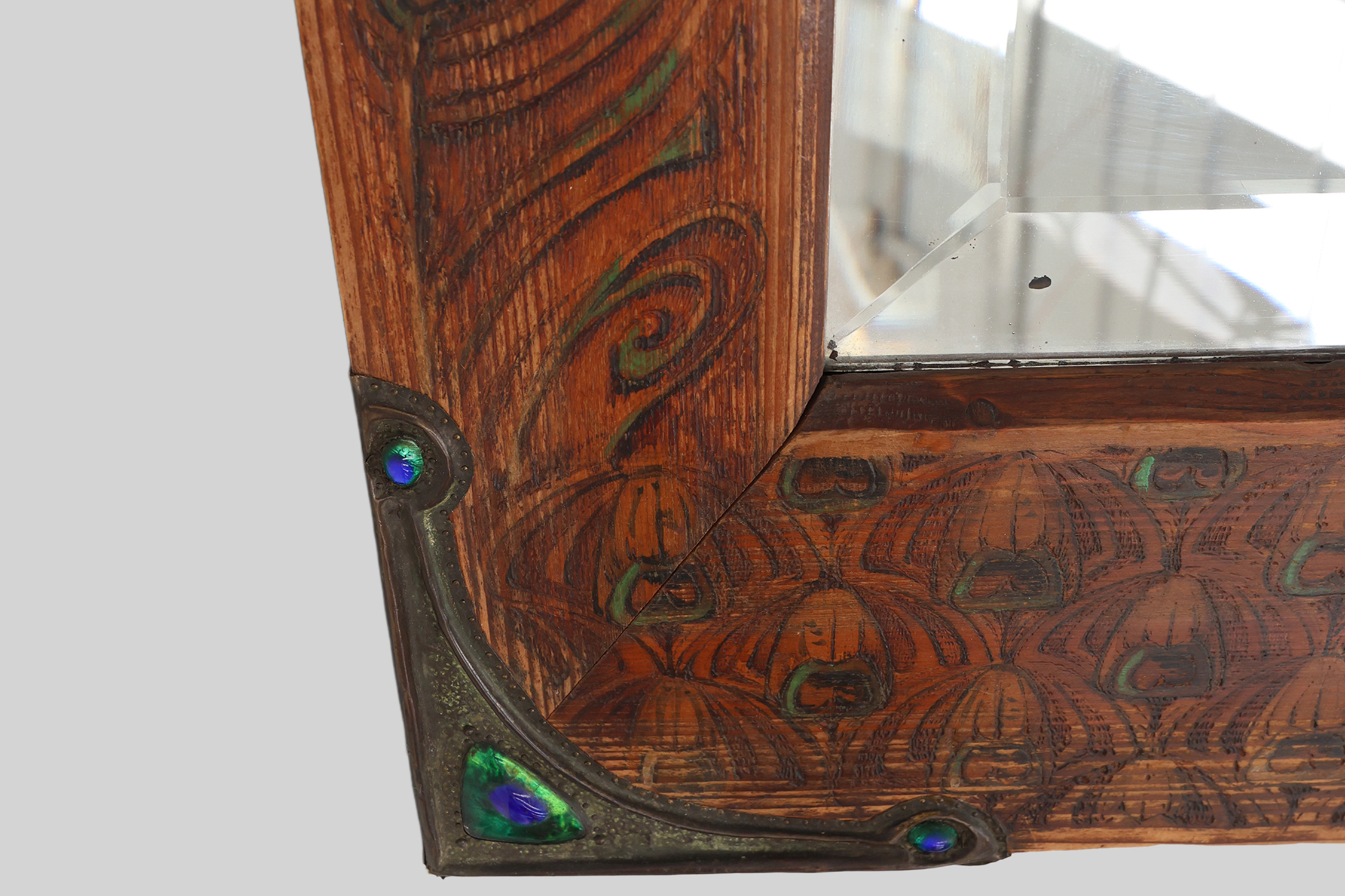 Art Nouveau mirror with hand painted peacock decoration, France ca. 1915thumbnail